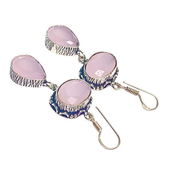 Soft Pink Chalcedony Gemstones in Hanmade Brushed Silver Earrings - Picture 3 of 7